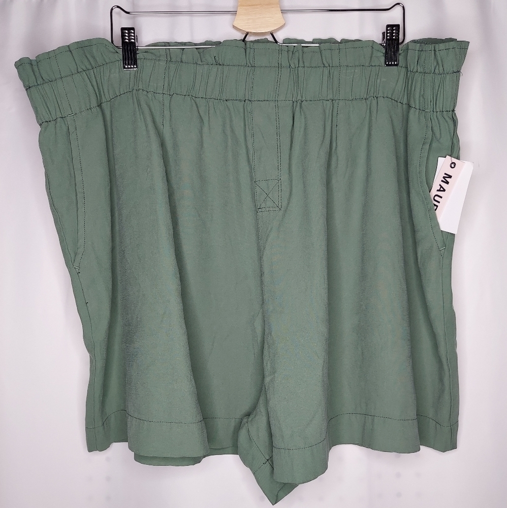Anthro  Mauby Paperbag Shorts Womens 1X Green Relax Wide Elastic‎ Slash Pocket